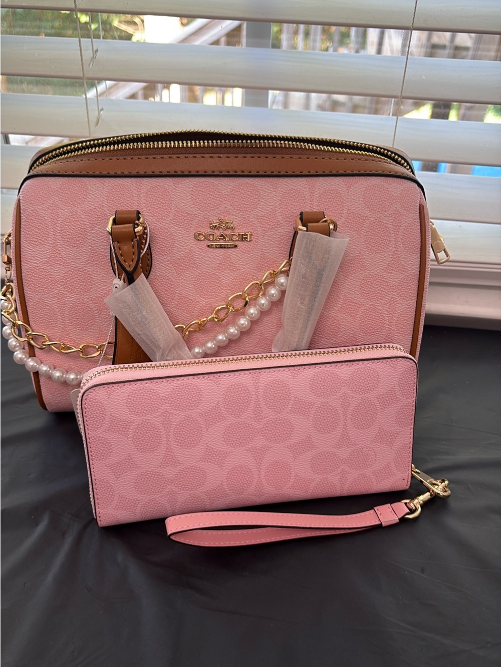Coach Pink Signature Shoulder Bag with Matching Wristlet Wallet